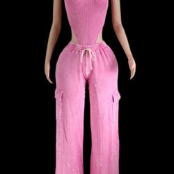 Mineral Wash Sleeveless Bodysuit & Cargo Pant Set