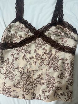 Women’s Silk-Feel Lace Trim Floral Cami in Cream and Brown size M