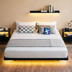 Full Size Floating Bed Frame with Smart LED Lights and USB Charging Port, Standard Bed Frame Sturdy Platform Design,Heavy Duty Support, Easy Assembly
