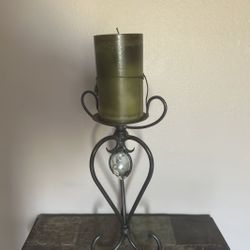 21” Tall Bronze Metal Candle Holder And Pillar Candle