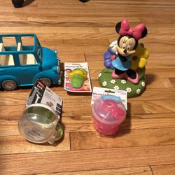 Flippy snack cup, minnie bank, formula dispenser , toy car, fruit feeder lot 