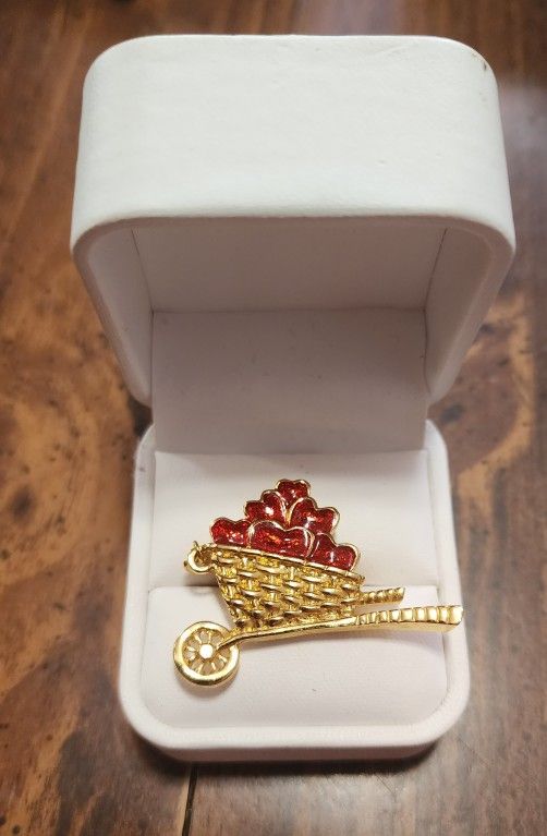 1994 Avon Garden of Love Vintage A Red Enameled Hearts Wheel Barrel Brooch / Pin