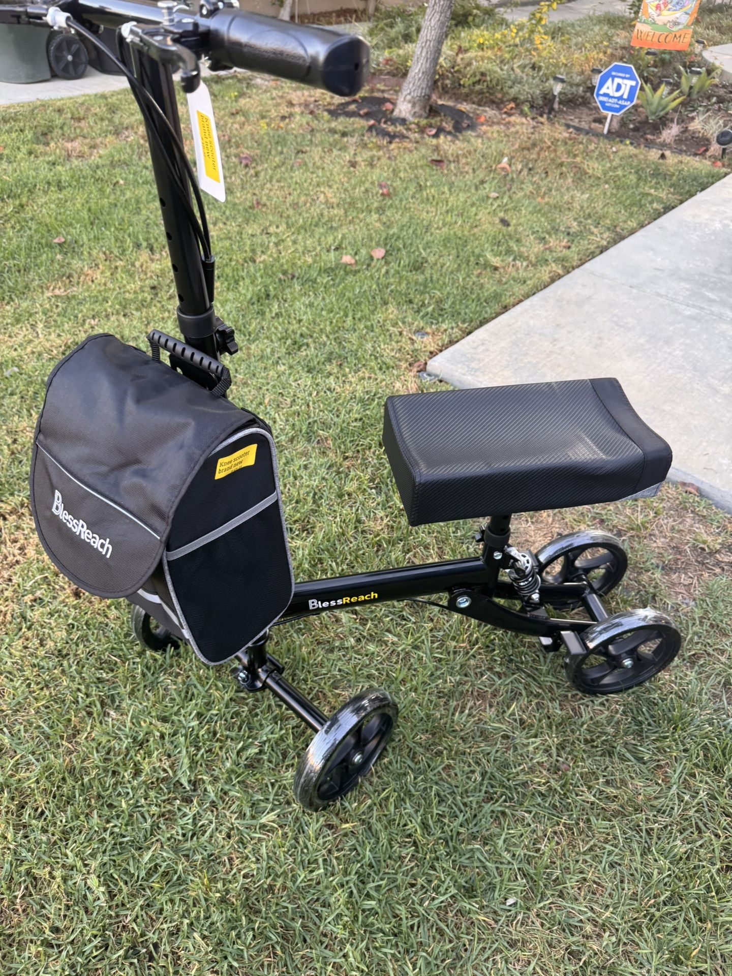 Brand New Assembled- knee scooter, four wheels padded seat. Left and right side compatible.