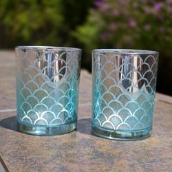 Blue Green Glass Mermaid Scale Candle Holder 2pc