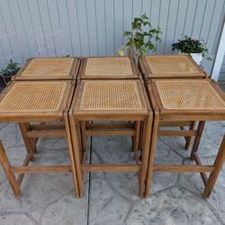 Set of 6 Vintage Mid Century Modern MCM Oak Rattan Cane Bar Stools
