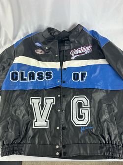 VAMTAC Racing Style PU Leather Varsity Jacket XL – Black/Blue Vintage Look