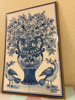 Hand-Painted Portugal Milavale Blue & White Ceramic Tile Wall Art (12" x 18")