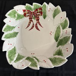 ESTE Italy CE Leaf & Plaid Bow Holiday Ceramic Serving Bowl 11” Square Dish