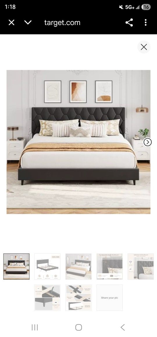 Jojoka Bed Frame with Upholstered Headboard, Heavy-Duty Platform Bed Frame with Strong Wood Slats, No Box Spring Needed Noise Free, Queen