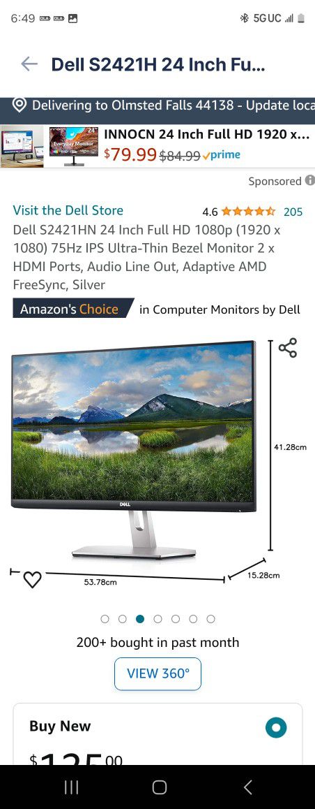 Dell S2421H 24 Inch Full HD 1080p Monitor, IPS Ultra-Thin Bezel, 2 x HDMI Ports, Built-in Speakers, Silver