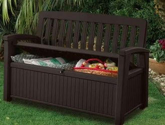 60-Gallon All-Weather patio Storage Bench w hanging patio umbrella for awesome shade bubdle