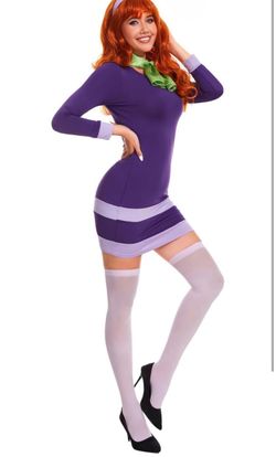 NEW in package 5pcs Scooby Doo 5pcs Daphne Costume Adult Dress  Costume Long Sleeve Bodycon Purple Mini Dress with Scarf