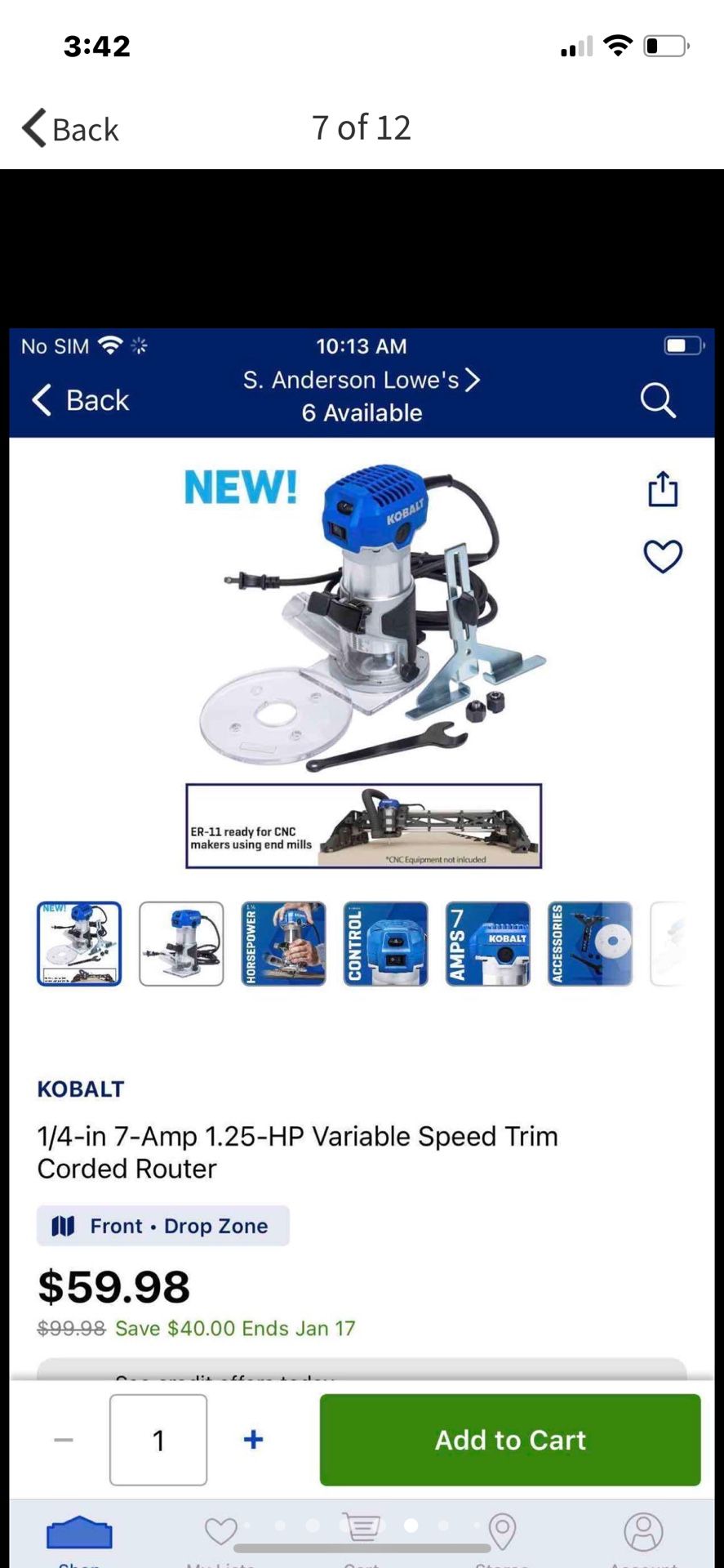 Kobalt 1/4-in 7-Amp 1.25-HP Variable Speed Trim Corded Router