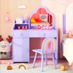 Kids Vanity Table And Chair Set With cloud Mirror