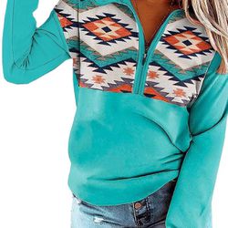 Nhicdns Aztec Shirts Women Western Long Sleeves Cowgirl Half-Zip Sweatshirt Lapel High-Neck Oversized Pullover Top