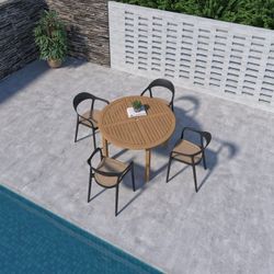 BRAND NEW 5 Pieces Round Stackable Dining Set Made Of 100% FSC Teak Finish Wood For Outdoor & Patio Furniture Set.