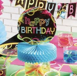 New Glow Party Supplies Tablecloths Set and Happy Birthday Table Centerpiece Lot Black Glow Paint Splatter Birthday Party Decorations