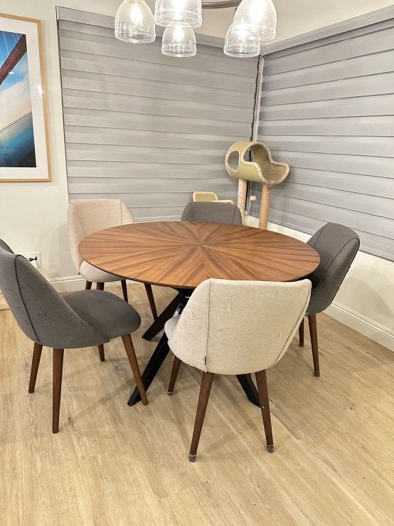Boardway 47" Wood Dining Table - Top Color:Walnut | Base Color:Black + 5 Pieces Jace Upholstered Dining Chairs