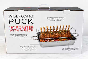 Wolfgang Puck 16” stainless steel roasting pan with V-Rack.