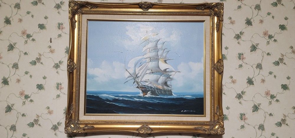 Vintage Ship Art In A Very Nice Frame ( C. Million)