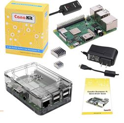 Raspberry Pi 3 B+ with Clear Case, Power Supply, Users Manual, Heat Sinks, and Original Box.