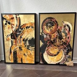 Large Abstract Wall Art Set (2 Pieces) – Gold/Warm Tones (48.5" x 32.25")