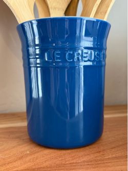 Le Creuset Embossed Stoneware Utensil Storage Crock Cobalt Blue Kitchen Decor
