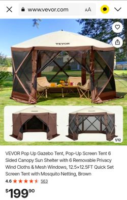 VEVOR Pop Up Gazebo Tent, Pop-Up Screen Tent 6 Sided Canopy Sun Shelter with 6 Removable Privacy Wind Cloths & Mesh Windows, 12.5x12.5FT Quick Set Scr