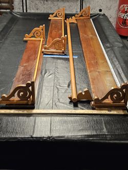 Stained Pine Shelves, Brackets & Curtain Rods.