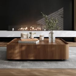 Luxury Wood Coffee Table with Hidden Drawer, Easy Installation Square Center Table for Living Room