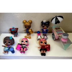 Lot Of 7 LOL Surprise Dolls, Pet & Ice Cream Pop-Up Cart Changable Clothes