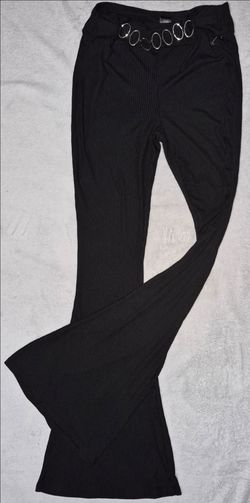NWOT Just Polly Black Ribbed Flare Pants O-Ring Detail Juniors Size Large