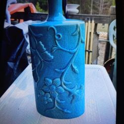 $35 Teal Colored. Vintage Vase With Butterfly And Flower Designed On Front, Its 15 In Tall
