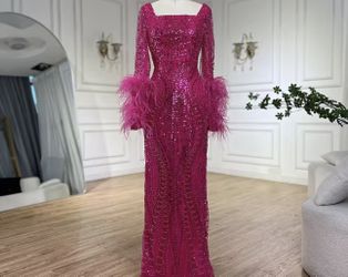 Fuschia Pink Dress Beaded With Feathers