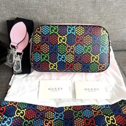 Auth Gucci Camera Crossbody Bag Psychedelic Print GG Coated Canvas Small