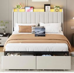 New Queen Size Bed Frames with Storage Headboard and 2 Drawers, Upholstered Platform Bed Frame Queen with Led Lights and Handy Charging Station, No Bo