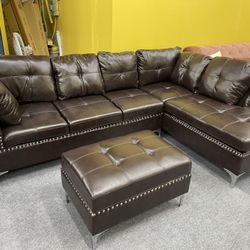 Brown Leather Living Room Sectional With Ottoman - Delivery And Financing Available 