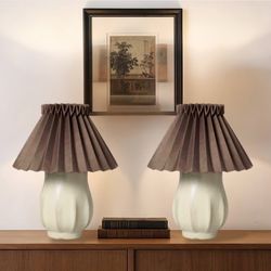 Set Of 2 Retro Pleated Table Lamps, Modern Ceramic Bedside Nightstand Lamps Sour Cream with Brown Shade, 14”