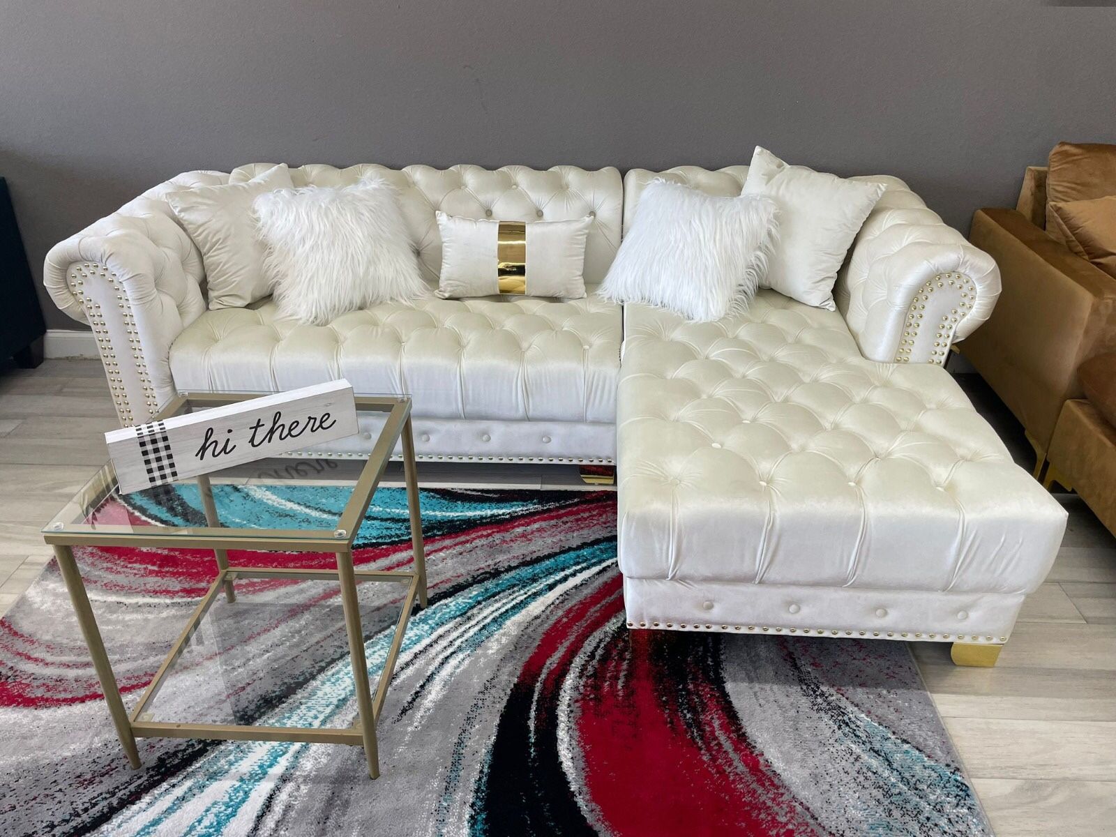 Yaz Cream Sectional Velvet , couch sofa ๐ with gold legs and pillows / ivory sectional ๐ same day delivery๐โ