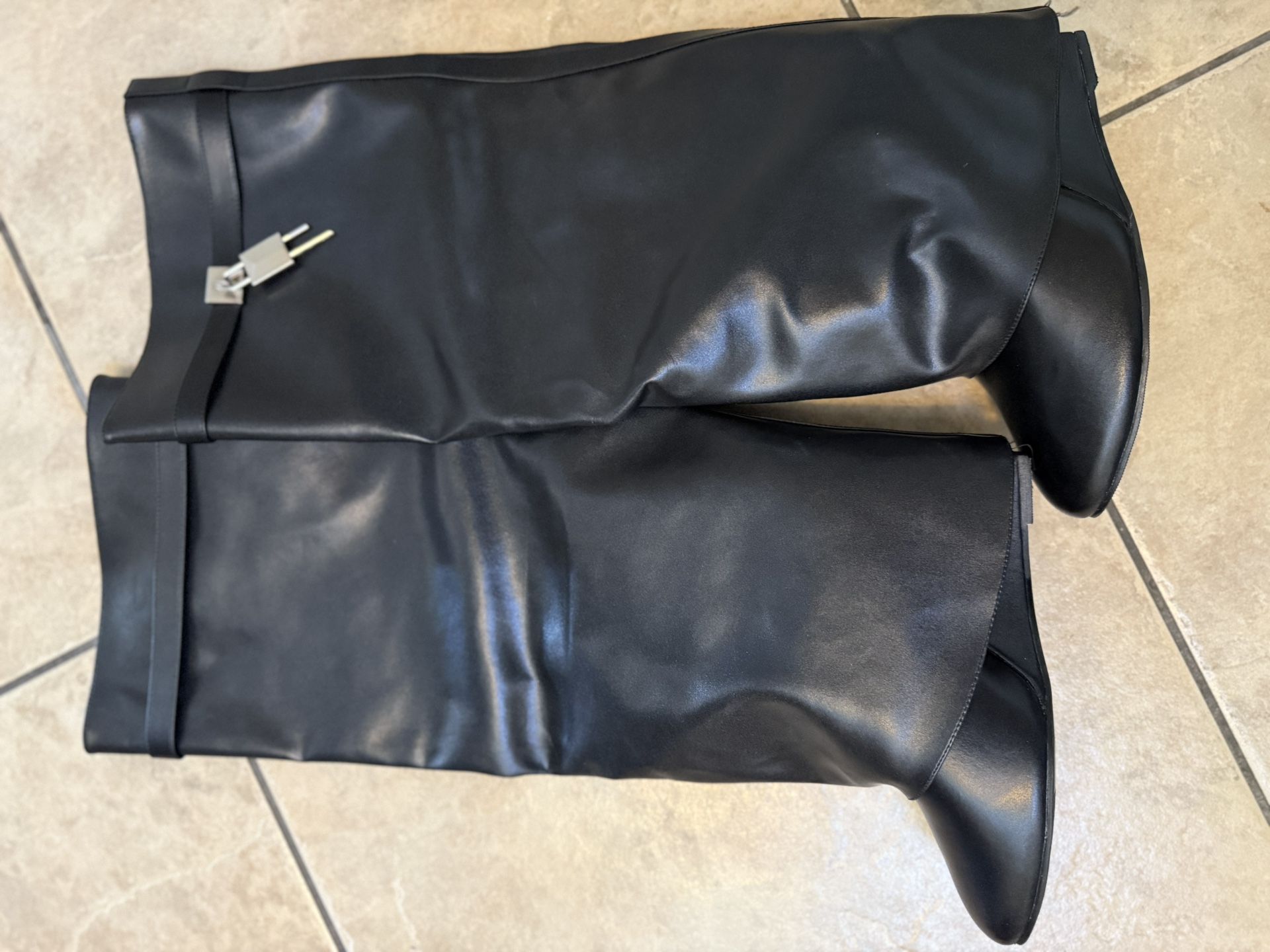 Fold Over Shark Style Black Leather Wedge Boots