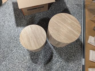 Set of 2 Round Travertine Side Tables