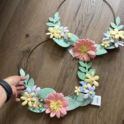 12” Hard Wire Wreath With Floral Felt Pastel Colors For Girl Baby Shower Decor Or Spring Mothers Day Etc Wall Decor Birthday Party Spring