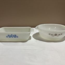 Anchor Hocking with Blue flowers   & 1 Dynaware Pyr-o-Rey with Brown Flowers 