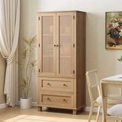 Kitchen Pantry Storage Cabinet, Tall Cabinet with Rattan Doors and 2 Drawers, Freestanding Cupboard with Adjustable Shelves, Utility Pantry for Kitche