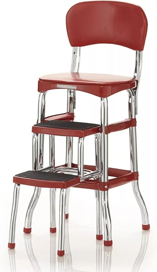 COSCO Stylaire Retro Chair + 2-Step Step Stool with Pull-Out 1-Pack, Red FACTORY SEALED
