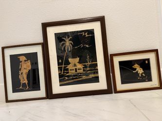 Set of 3 Vintage Handmade Asian Straw Art