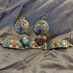Natural Tibetan Turquoise & Coral Lapis & Sterling Silver Handmade Vintage Bracelet