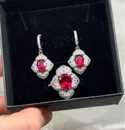 18K White Gold Plated Ruby Ring and Earring Set