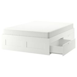 IKEA BRIMNES Queen Bed Frame with Storage + Mattress – White