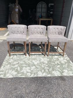 Set of 3 Gray Tufted Upholstered Counter Stools
